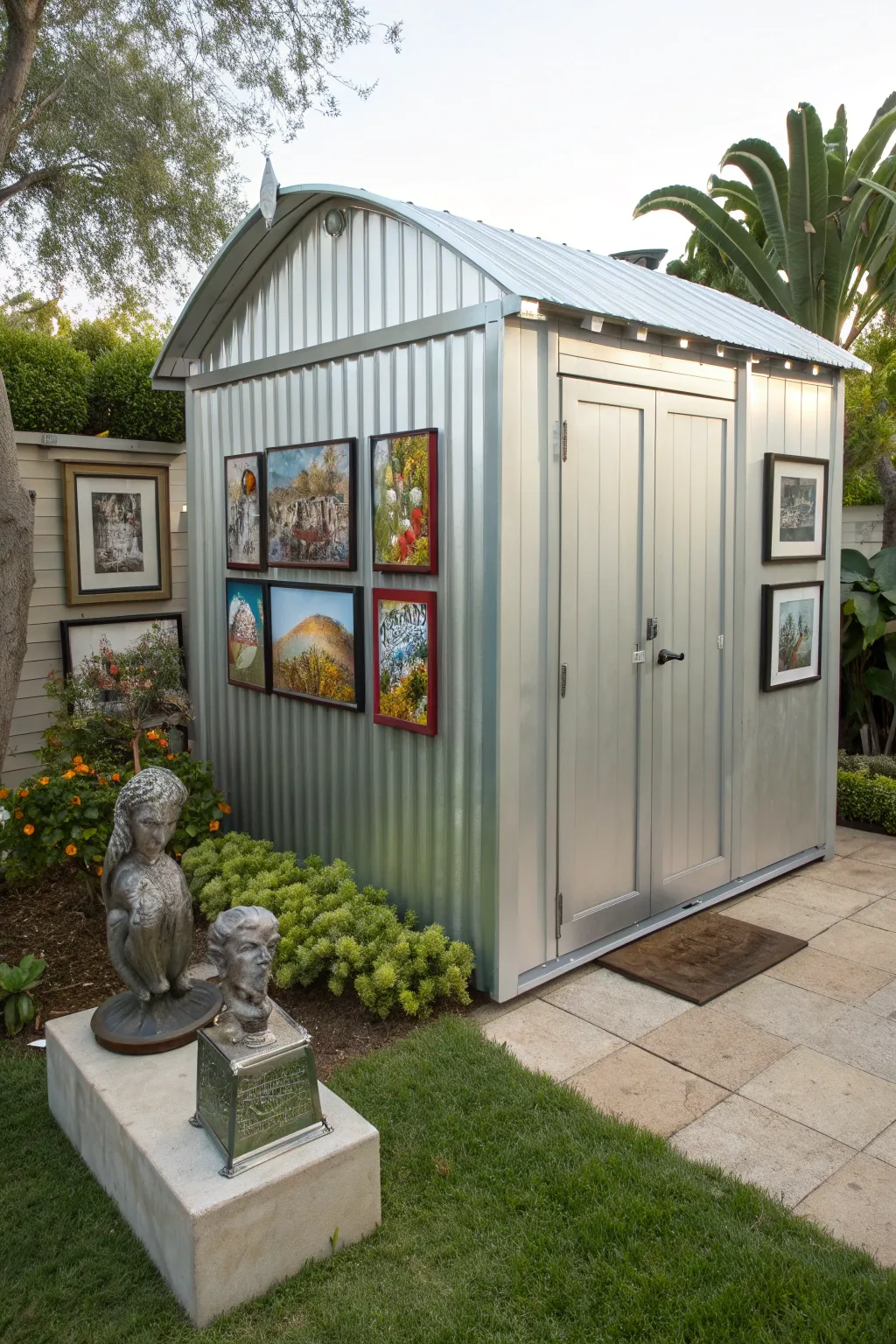 Transform your shed into an art lover's paradise with a sleek and stylish outdoor gallery.