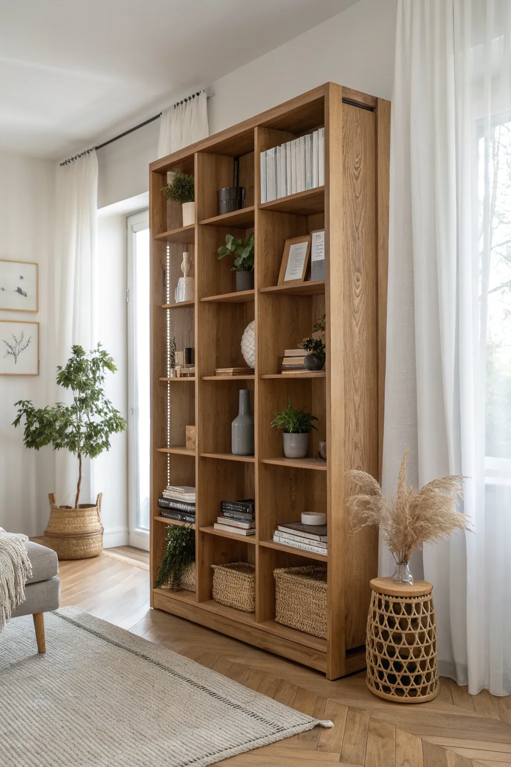 Transform your space with style and function: a bookshelf divider that defines and enhances your living area.