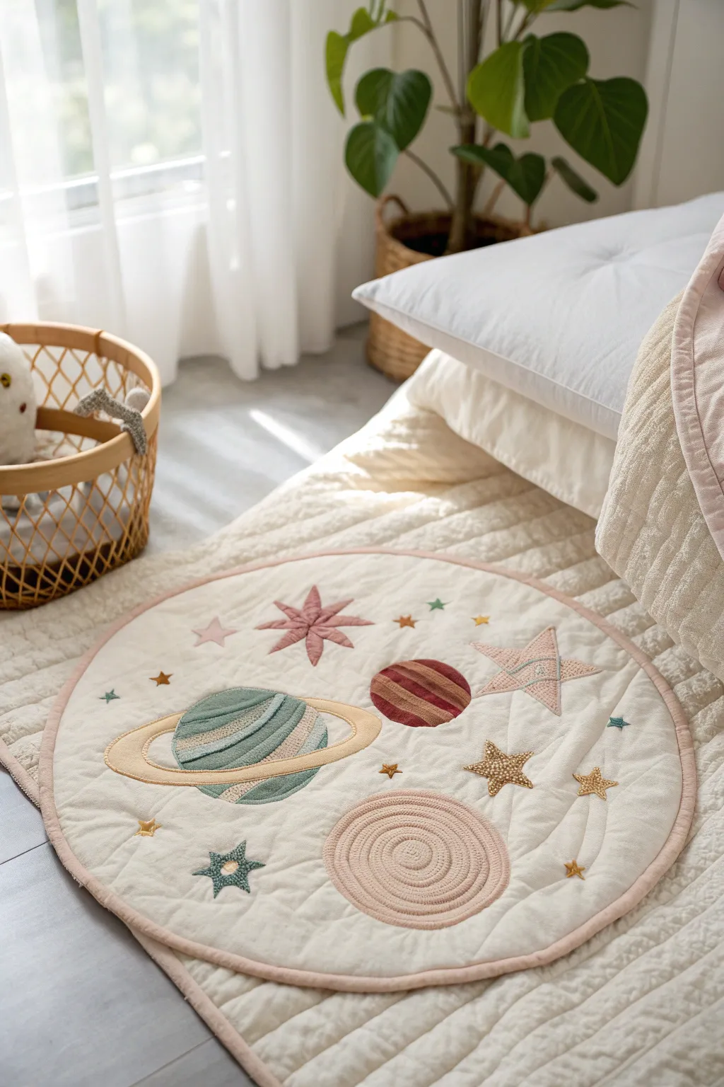 Embark on a celestial journey with these enchanting space-themed appliques, bringing the cosmos to your cozy sanctuary.