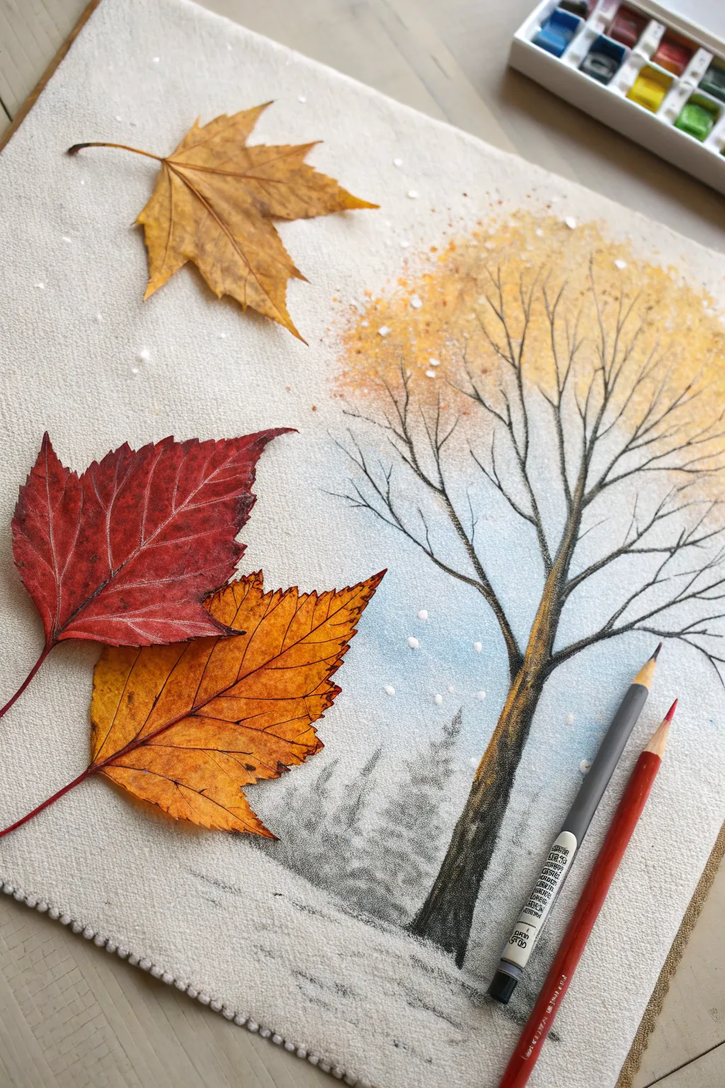 Embrace the beauty of seasonal transitions through art—where autumn's warmth meets the cool embrace of winter in a minimalist masterpiece.