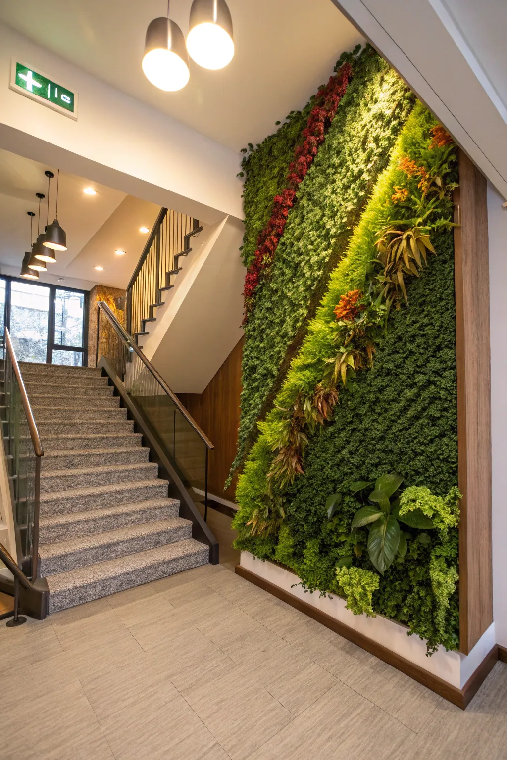 A plant wall makes use of under-stair space.