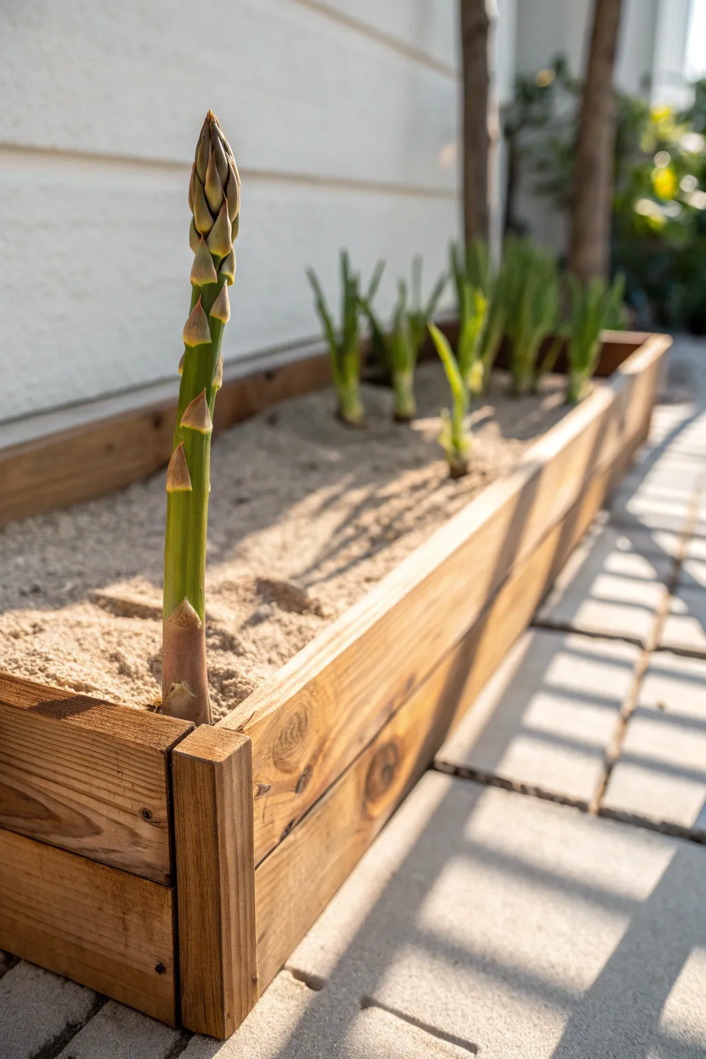 Embrace the beauty of simplicity with sun-kissed asparagus, thriving in a crafted wooden bed.