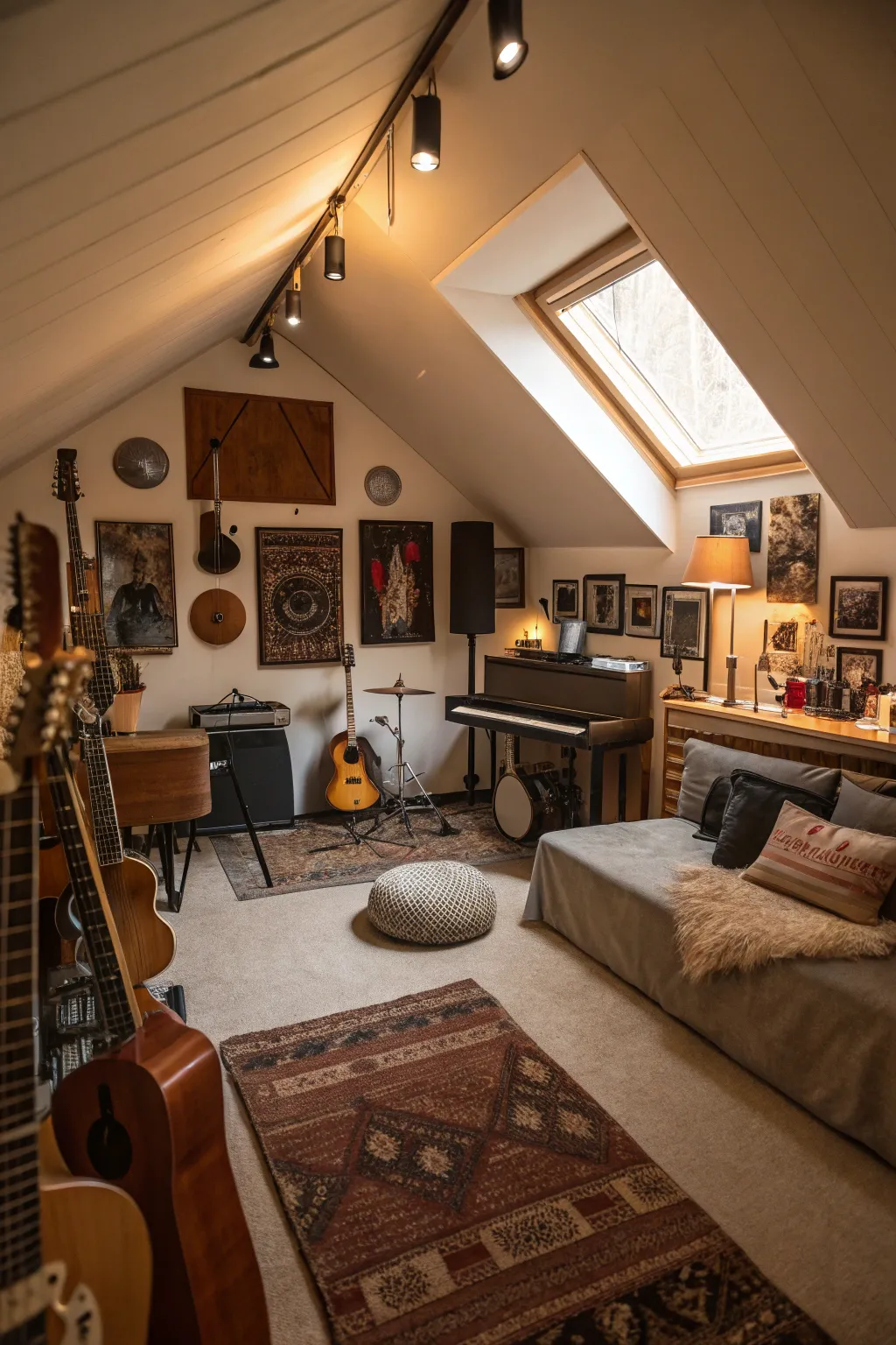 An attic transformed into a musician's paradise.