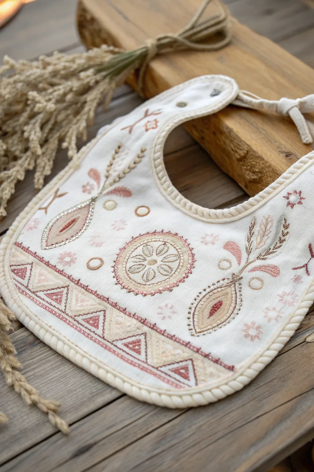 Celebrate heritage with a touch of elegance: Cultural patterns meet minimalist beauty in this exquisite baby bib design.