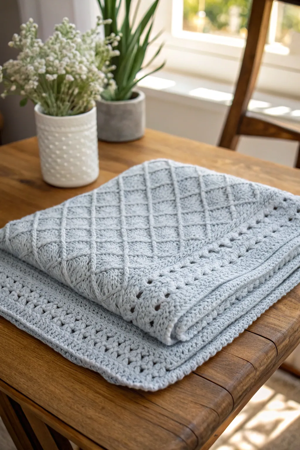 Embrace the elegance of simplicity with this handcrafted gray crochet blanket.