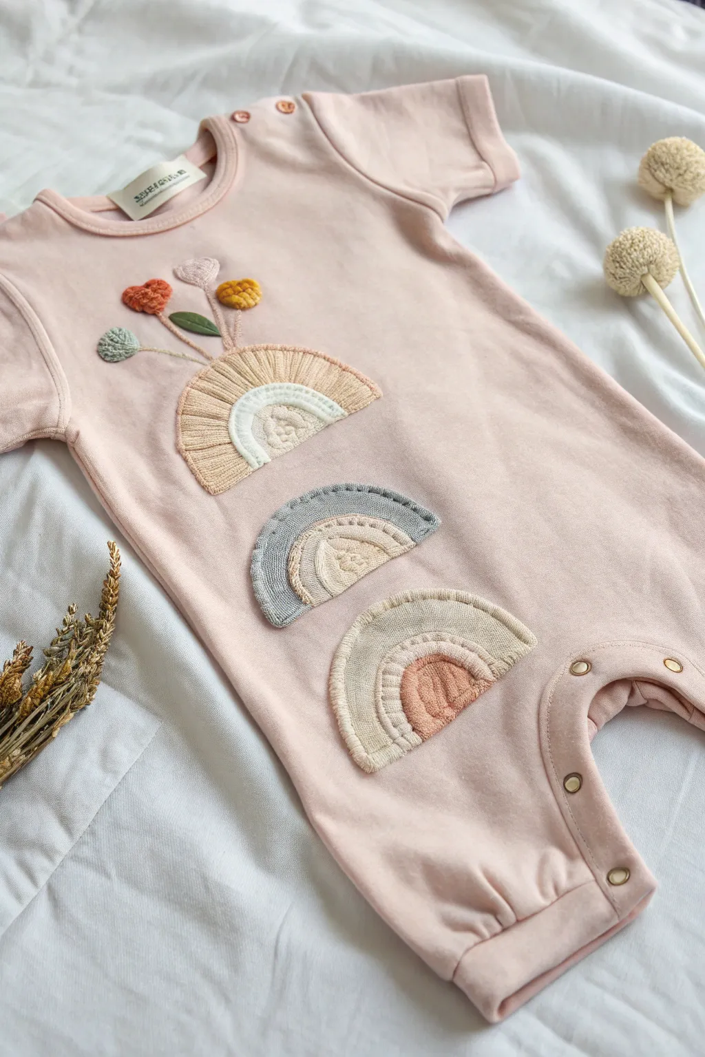 Embrace cozy creativity with whimsical patchwork on your baby's onesie.