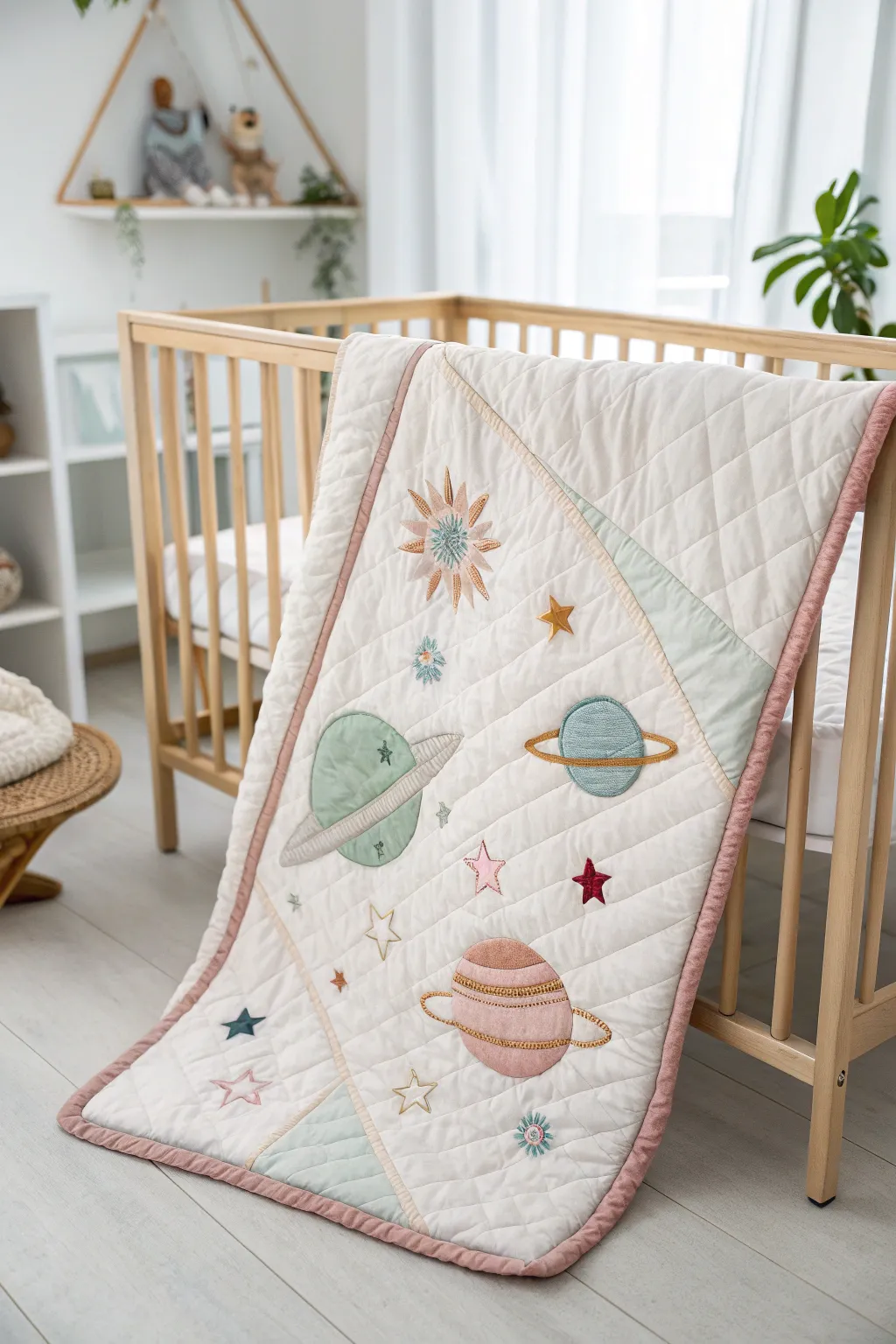 Embark on a Galaxy Adventure with this dreamy space-themed baby quilt, where craftsmanship meets imagination.