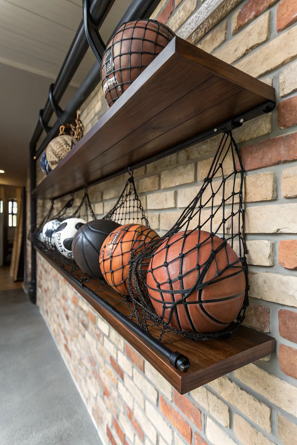 Transform your garage into a sports gallery with these stylish floating shelves and nets.