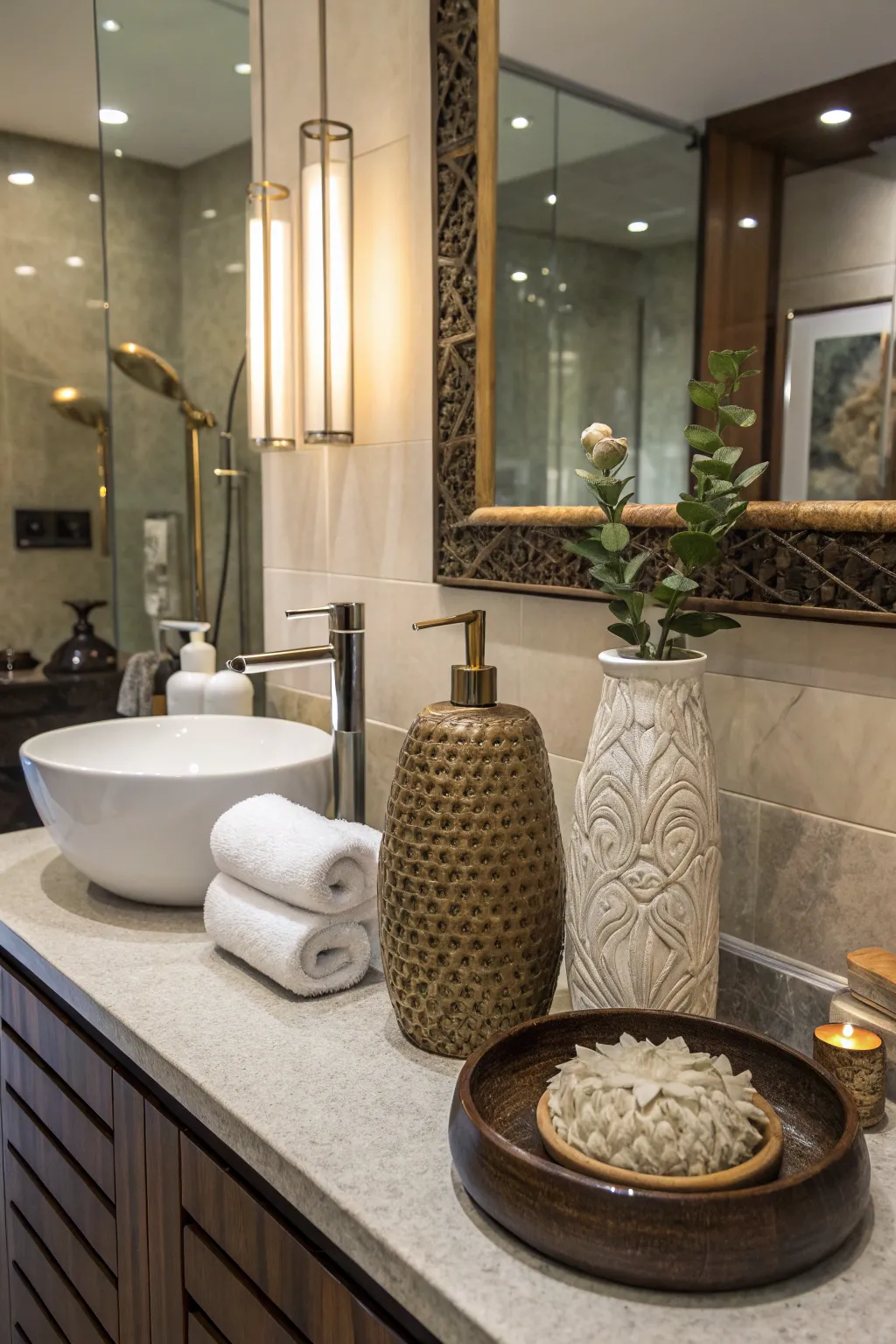 Sculptural elements adding artistic flair to the bathroom.