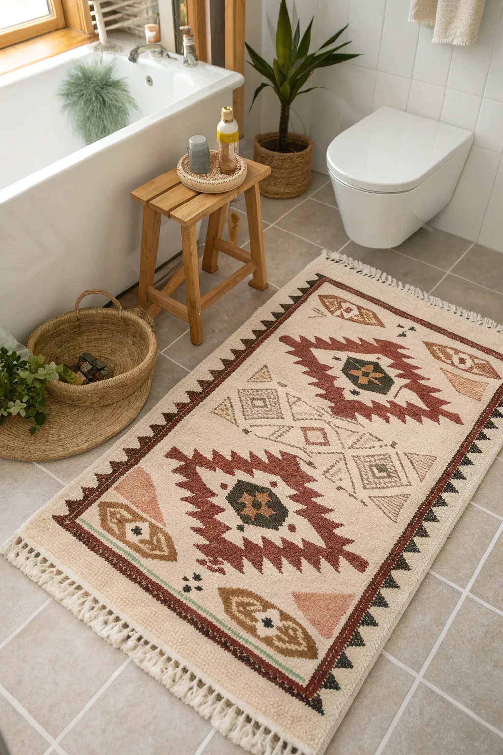 Bring cultural warmth and depth to your bathroom with a tribal-patterned rug.
