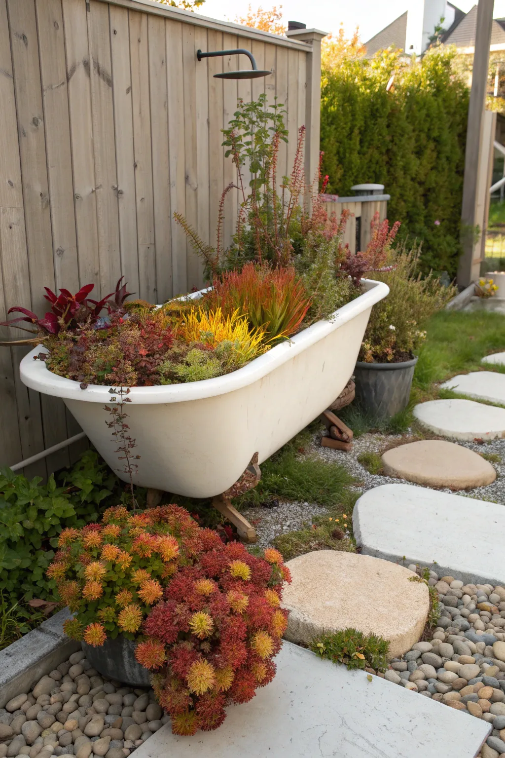 Transform your garden with a seasonal bathtub planter that celebrates nature’s ever-changing palette.