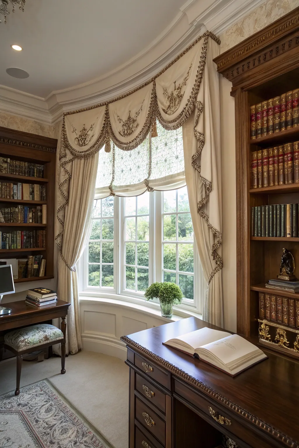Elegant embroidered valances in a refined study.