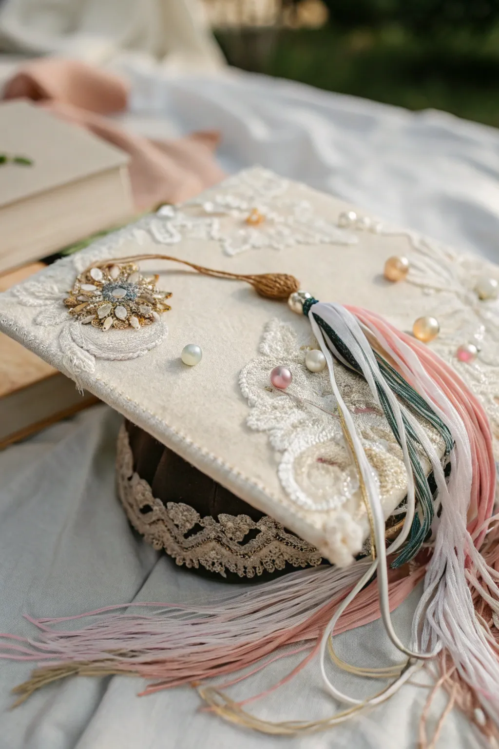 Elevate your graduation style with a cap that's a work of art, blending lace, beads, and ribbons for a touch of boho elegance.
