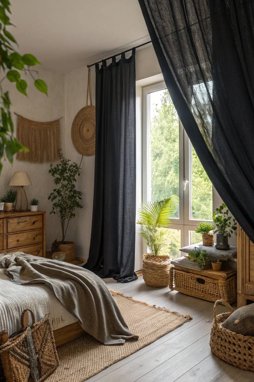 Eco-friendly materials enhancing a chic bedroom with black curtains.