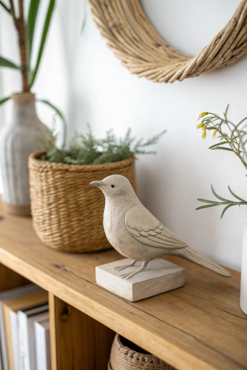 Bring a touch of nature indoors with this charming miniature clay bird sculpture, perfect for adding whimsy to any minimalist space.