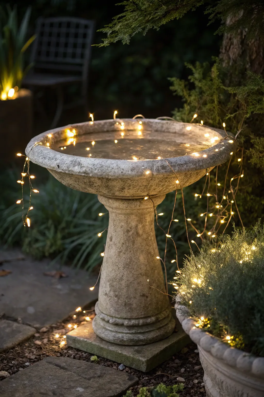 Illuminate your garden with enchanting fairy lights, transforming your bird bath into a magical focal point.
