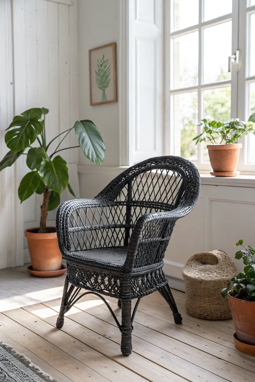 Transform your space with the unexpected modern charm of black chalk-painted wicker.