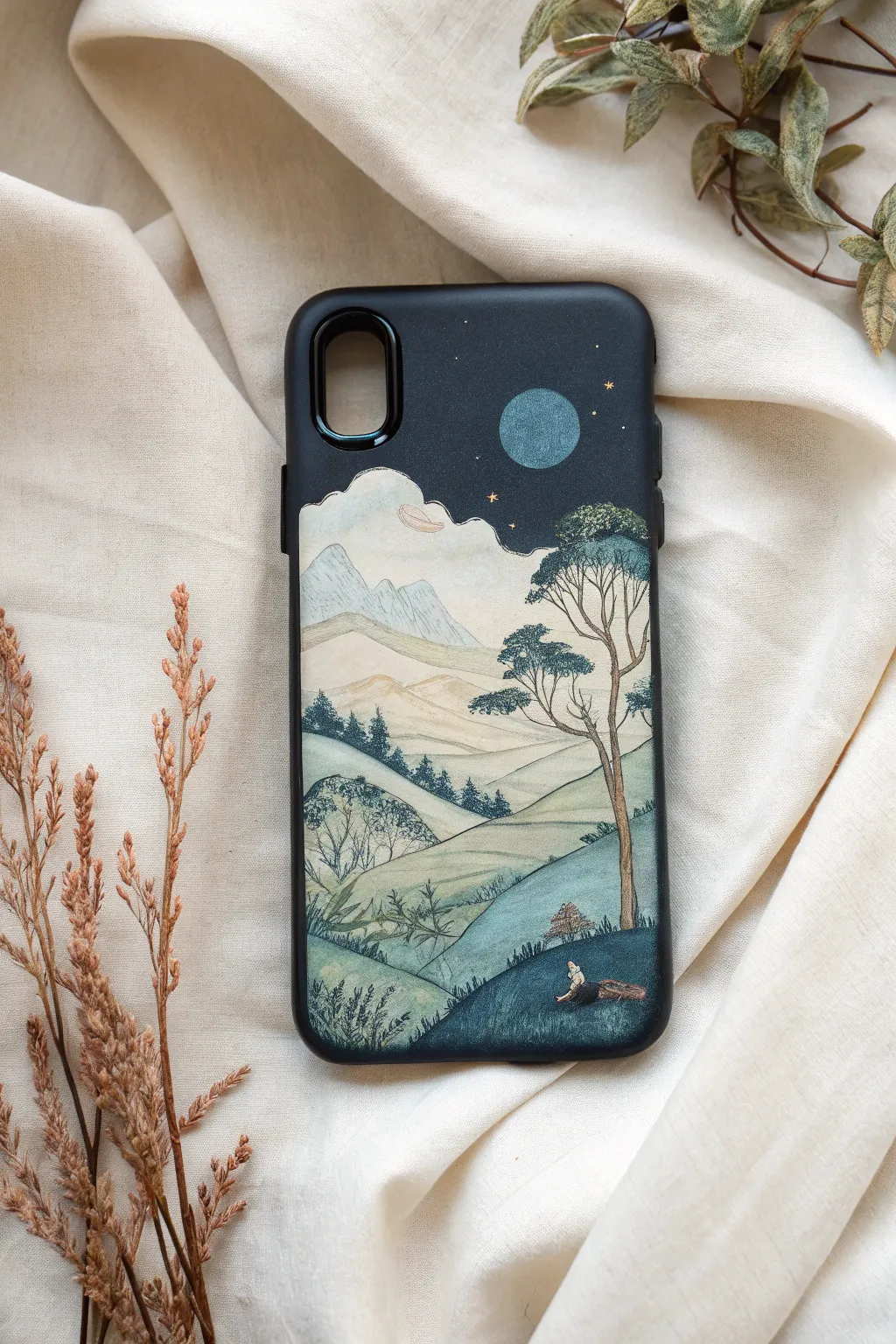 Escape into whimsical worlds with surreal landscape phone case art that blends simplicity and boho elegance.