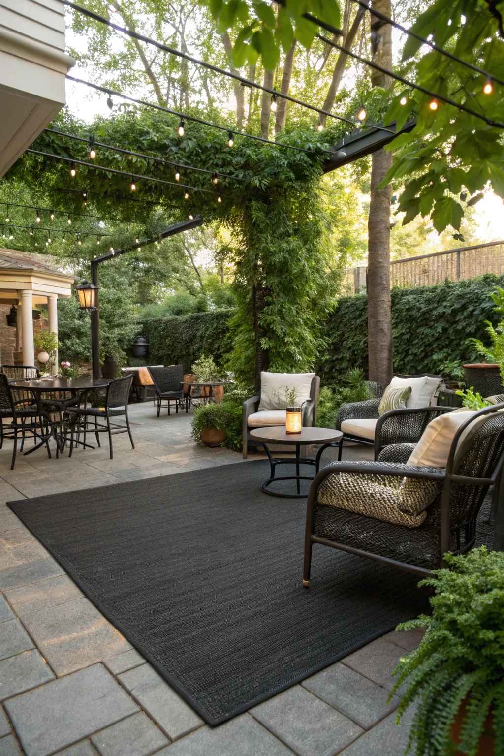 A black rug outdoors adds a chic and grounded feel, extending indoor style to exterior spaces.
