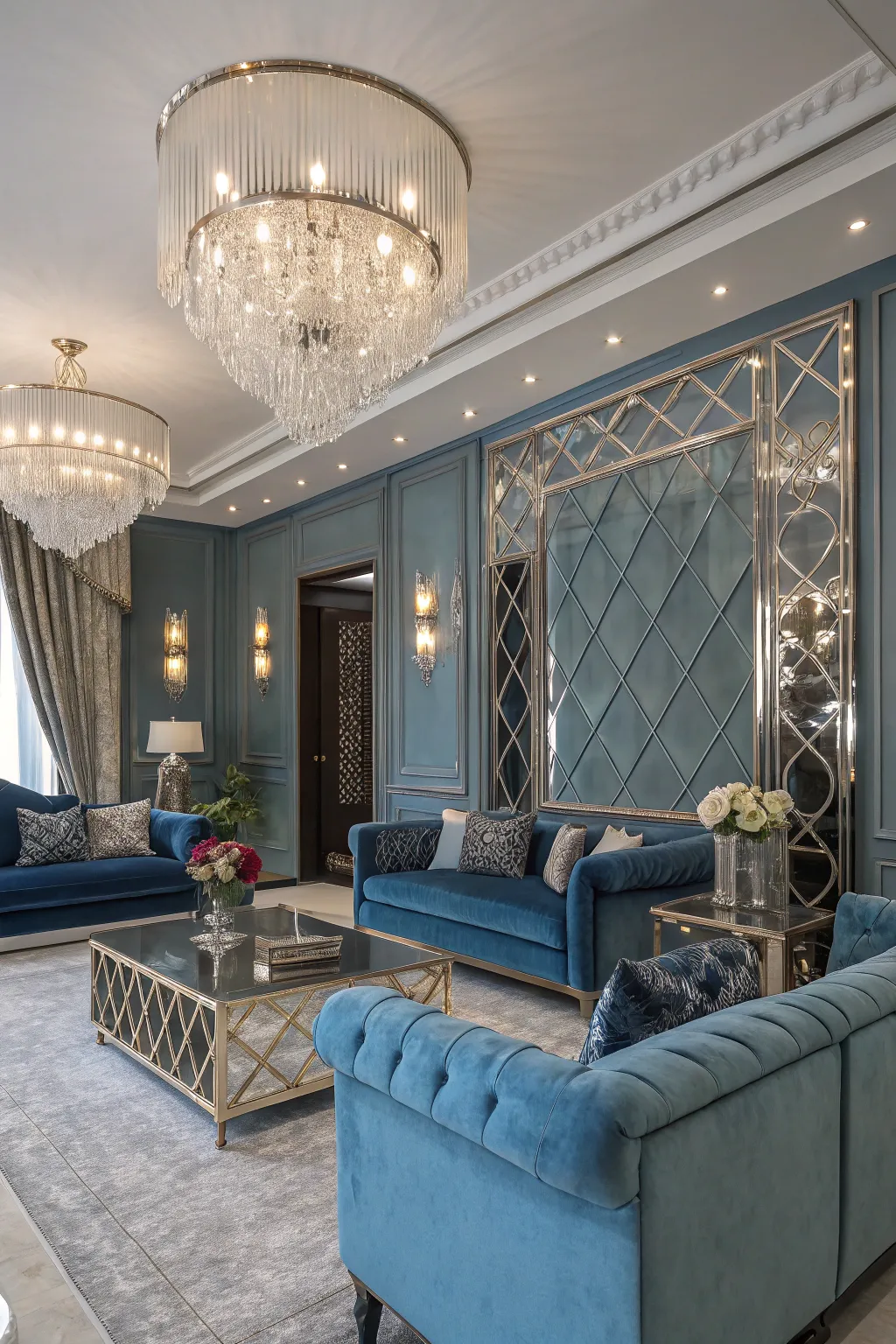 Blue and metallics creating a sophisticated living space.
