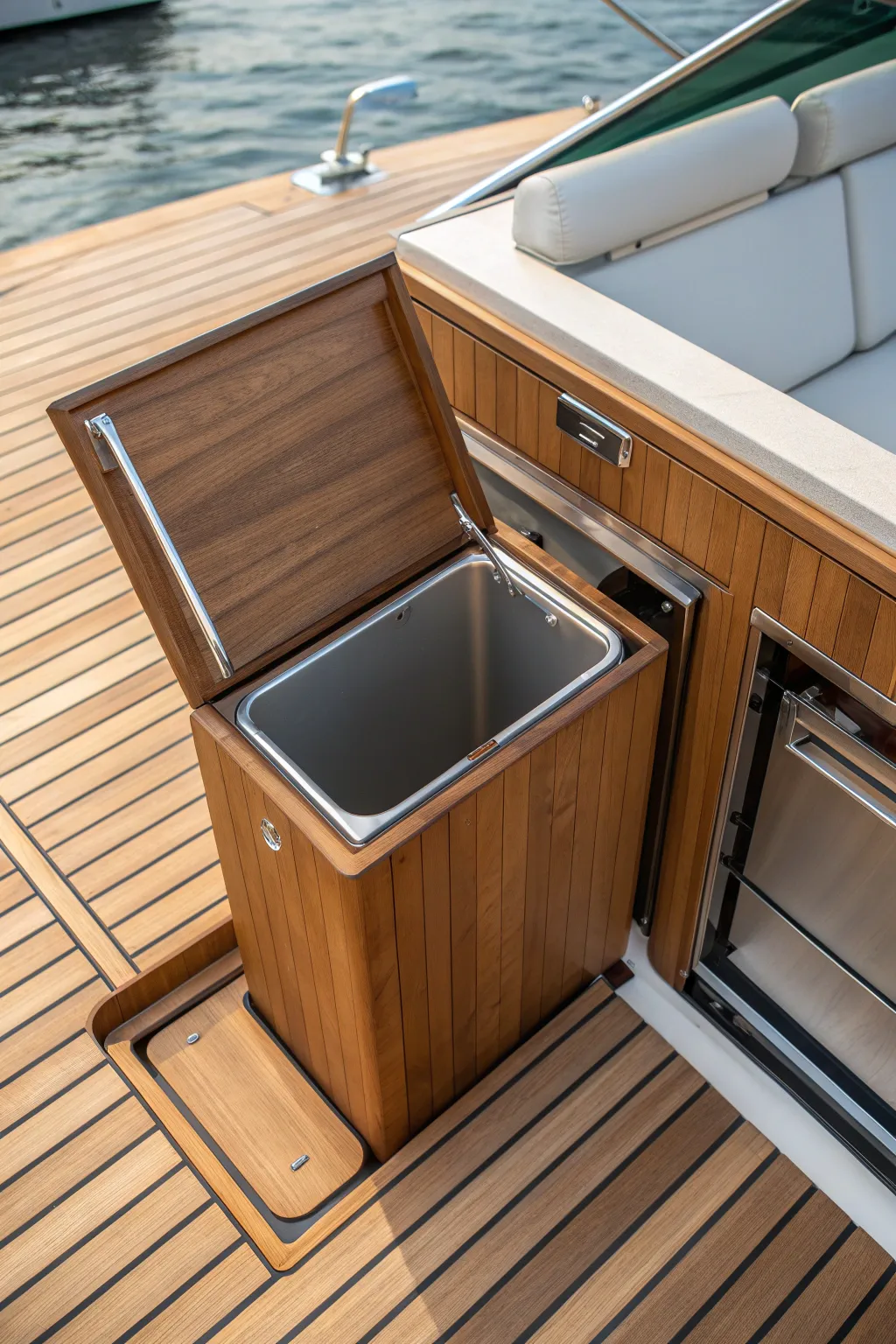 Elevate your boat's elegance with a recessed trash compartment that keeps your deck pristine and stylish.