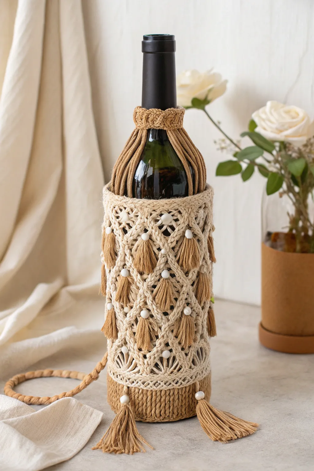 Elevate your wine presentation with this charming boho crochet wine bottle holder, perfect for adding a touch of artistry to your gatherings.
