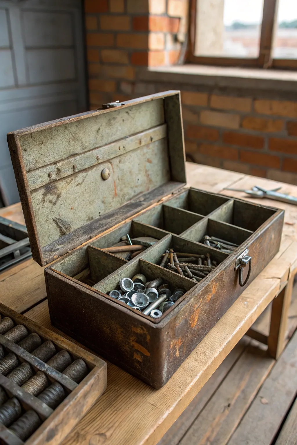 Organize your workspace with a touch of vintage charm. This toolbox not only stores bolts but also tells a story.