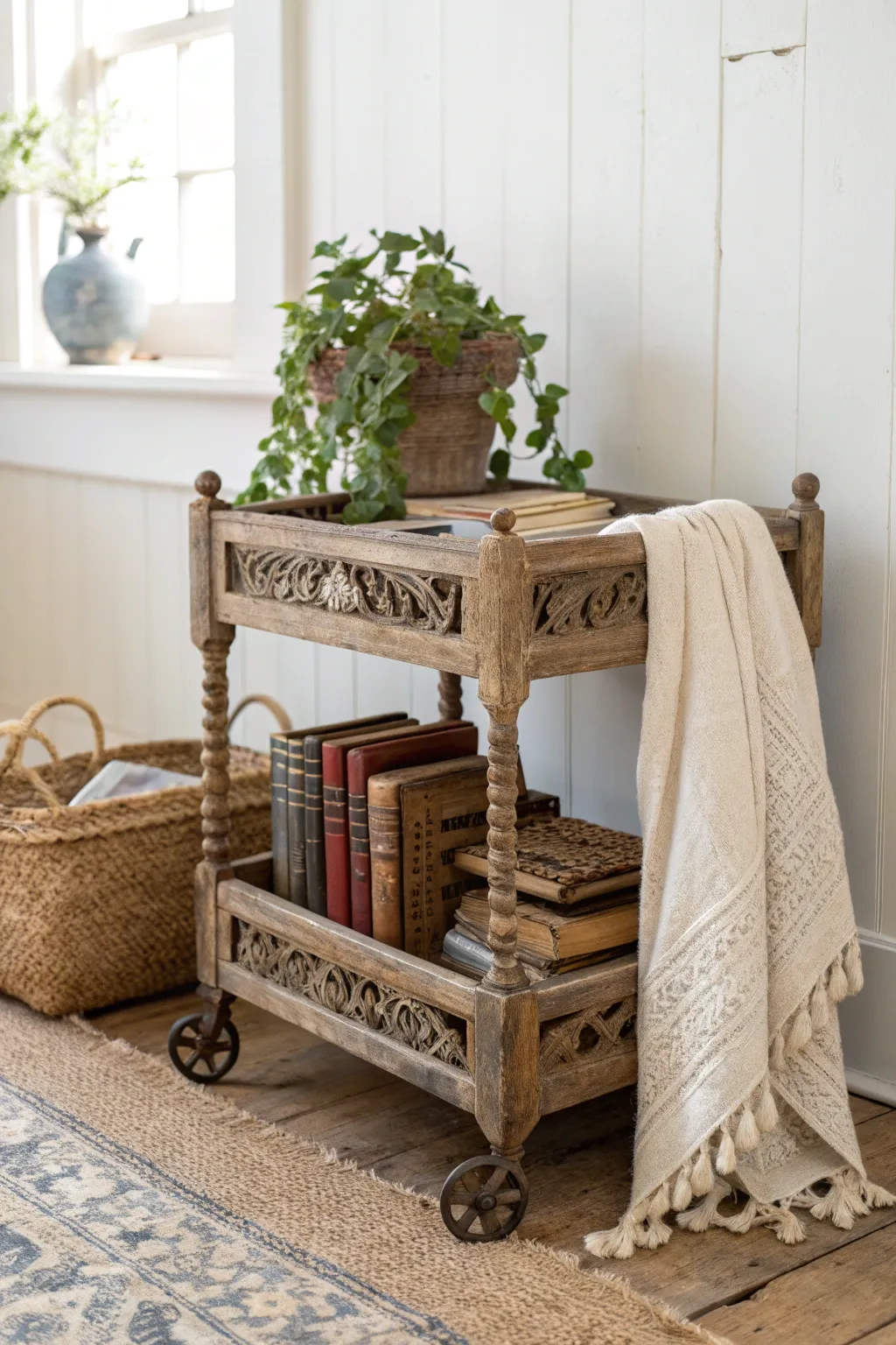Add a touch of vintage charm to your reading nook with a character-filled thrifted book cart. 📚✨
