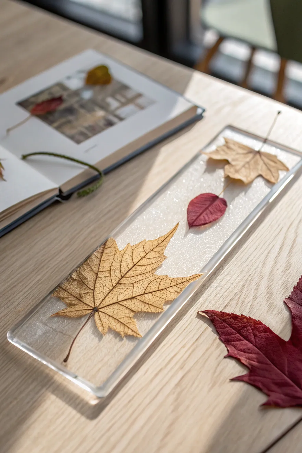 Capture the essence of autumn with a pressed leaf bookmark—nature's simplicity preserved.