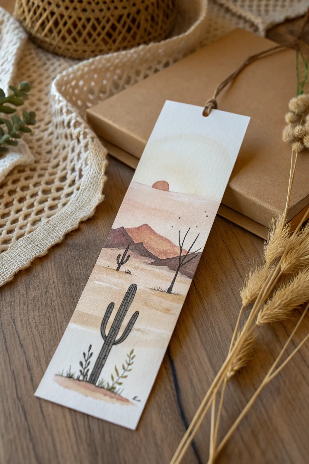 Capture the serene allure of a sunlit desert with this handcrafted bookmark masterpiece.