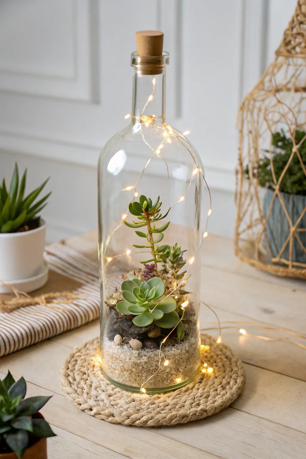 Embrace the serene beauty of nature with this enchanting bottle lamp design, blending lush greenery and warm light in perfect harmony.