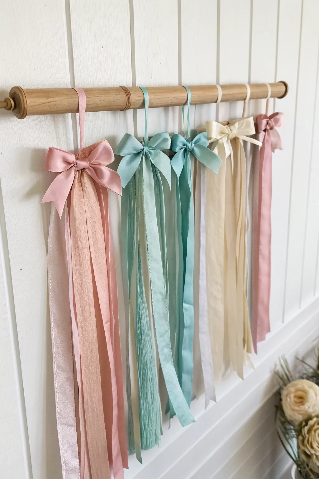 Transform your space with a touch of artistry and organization through color-coordinated bow displays.