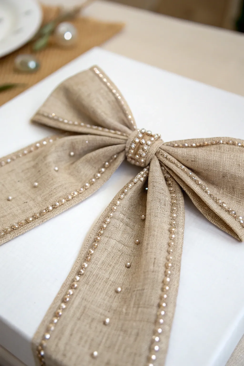 Add a touch of sparkle to your decor with a bead-embellished bow that combines simplicity and elegance.