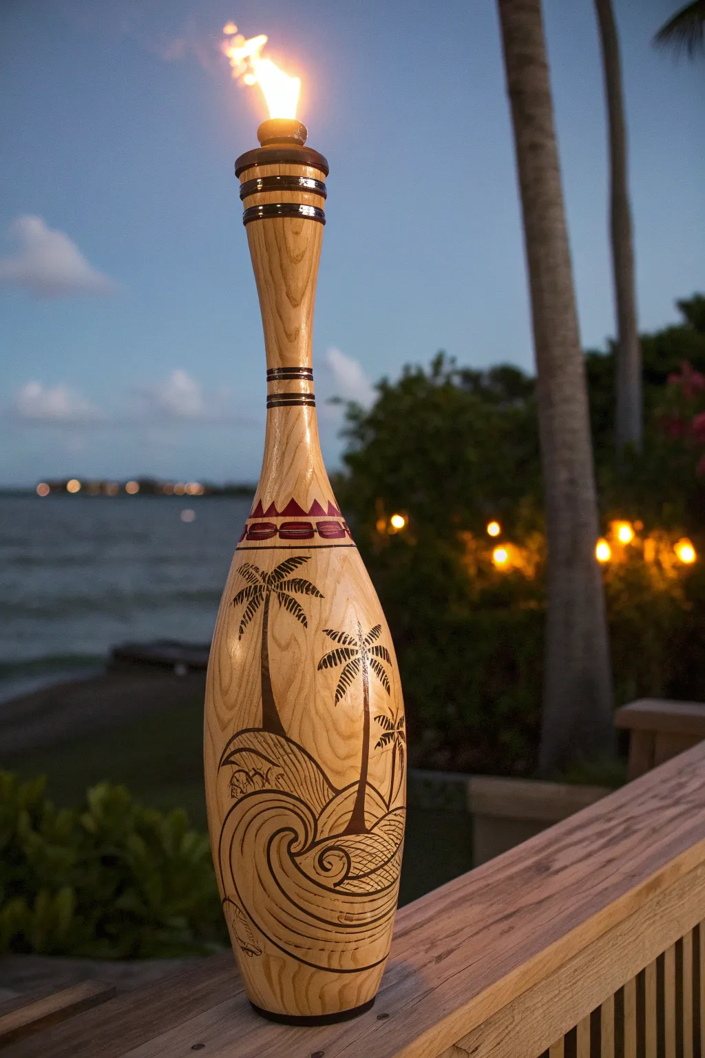 Illuminate your summer nights with a handcrafted bowling pin tiki torch, where craftsmanship meets coastal charm.