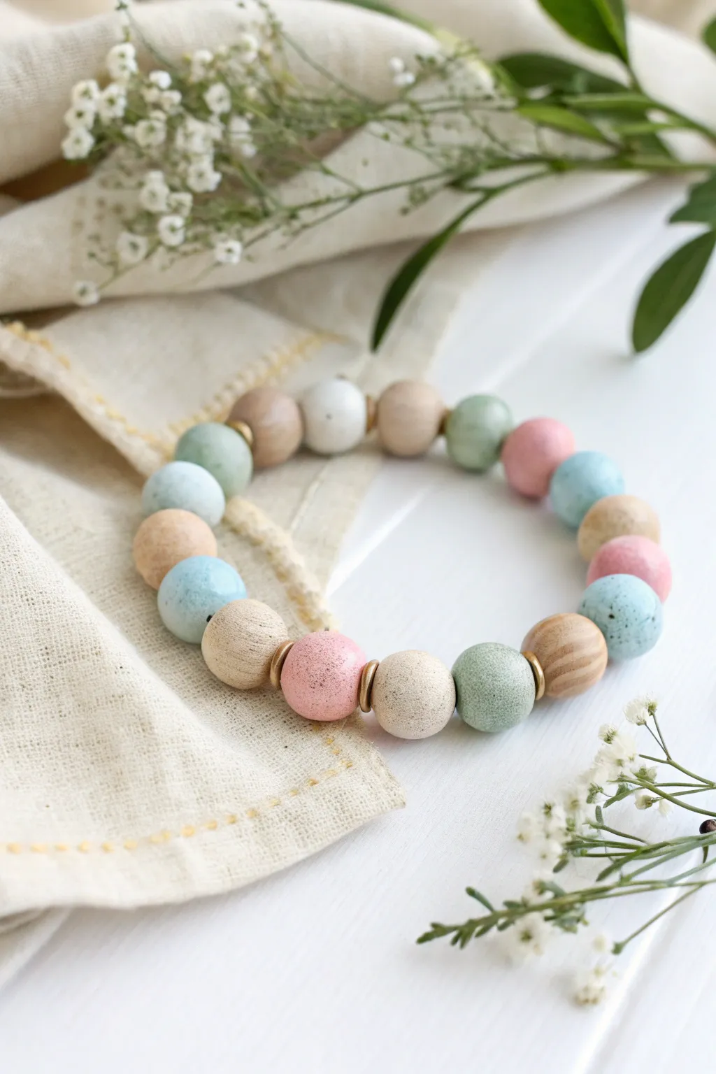 Elevate your style with painted perfection: handcrafted wooden beads in serene pastels.