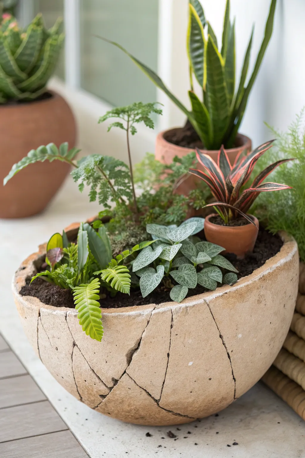 Transform a broken pot into a lush mini jungle, bringing an exotic touch to your home with simplicity and natural beauty.