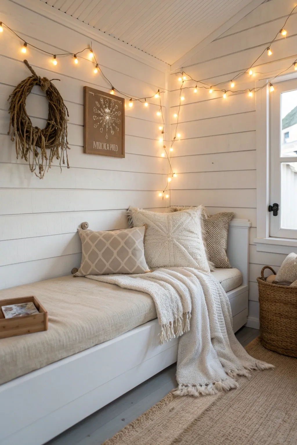 Transform your daybed into a magical retreat with ambient lighting and minimalist charm.