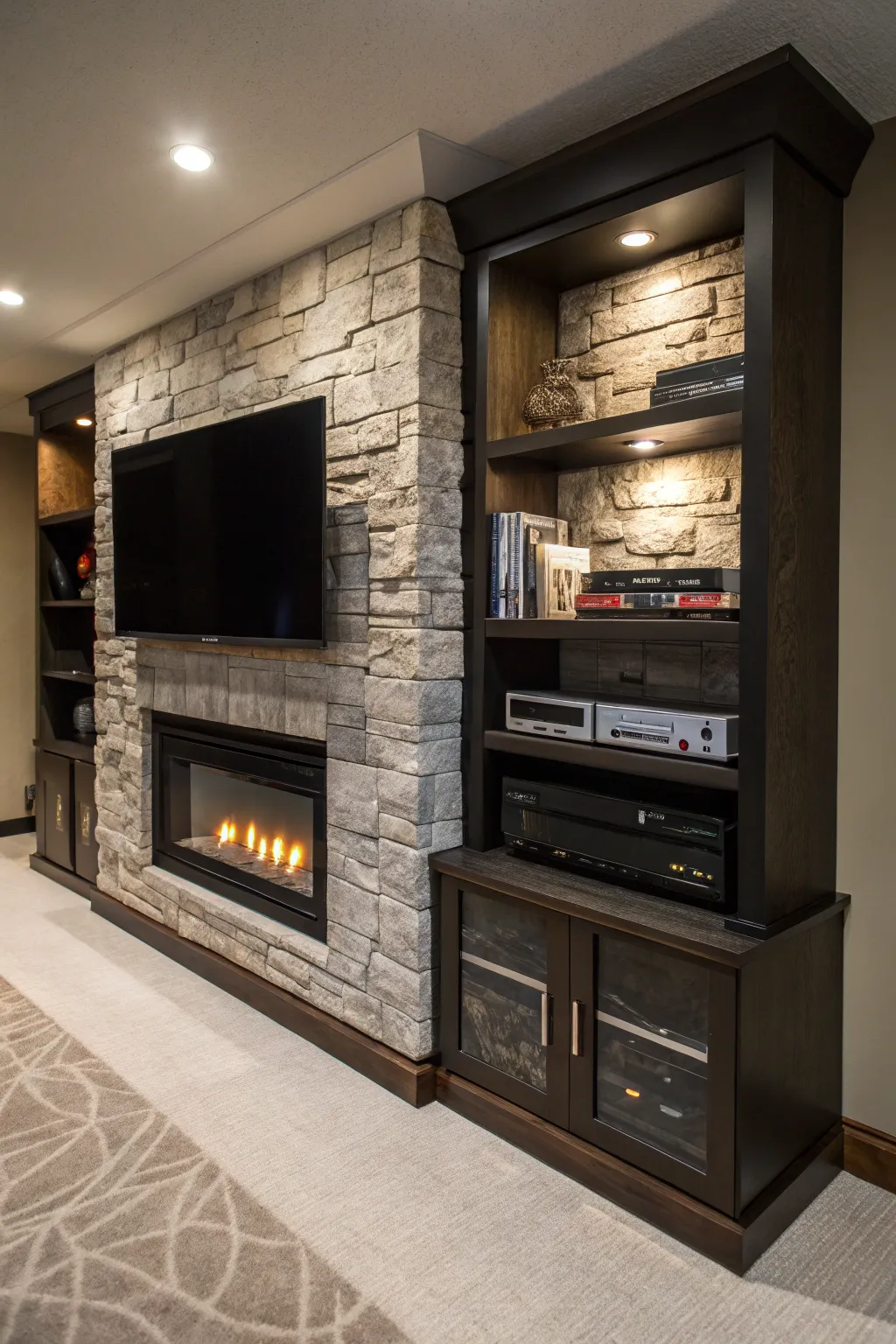 Contrasting textures add depth and drama to this striking entertainment center.