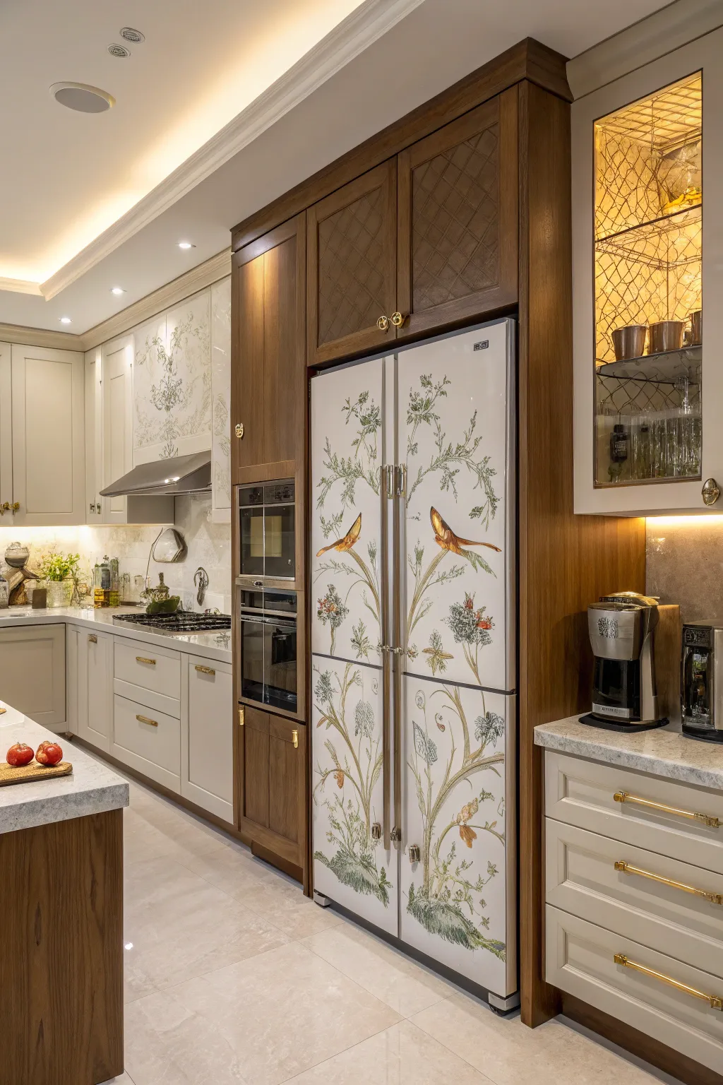 Artistic panels turn the built-in fridge into a stunning focal point.