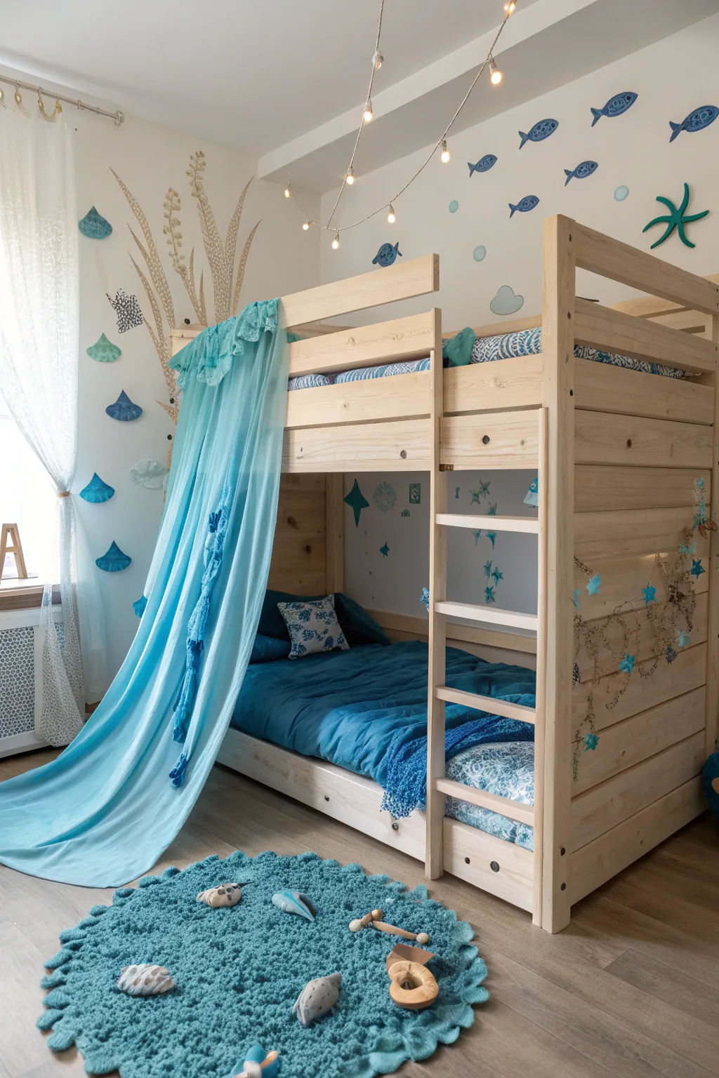 Dive into a serene undersea adventure with this beautifully minimalist bunk bed fort.