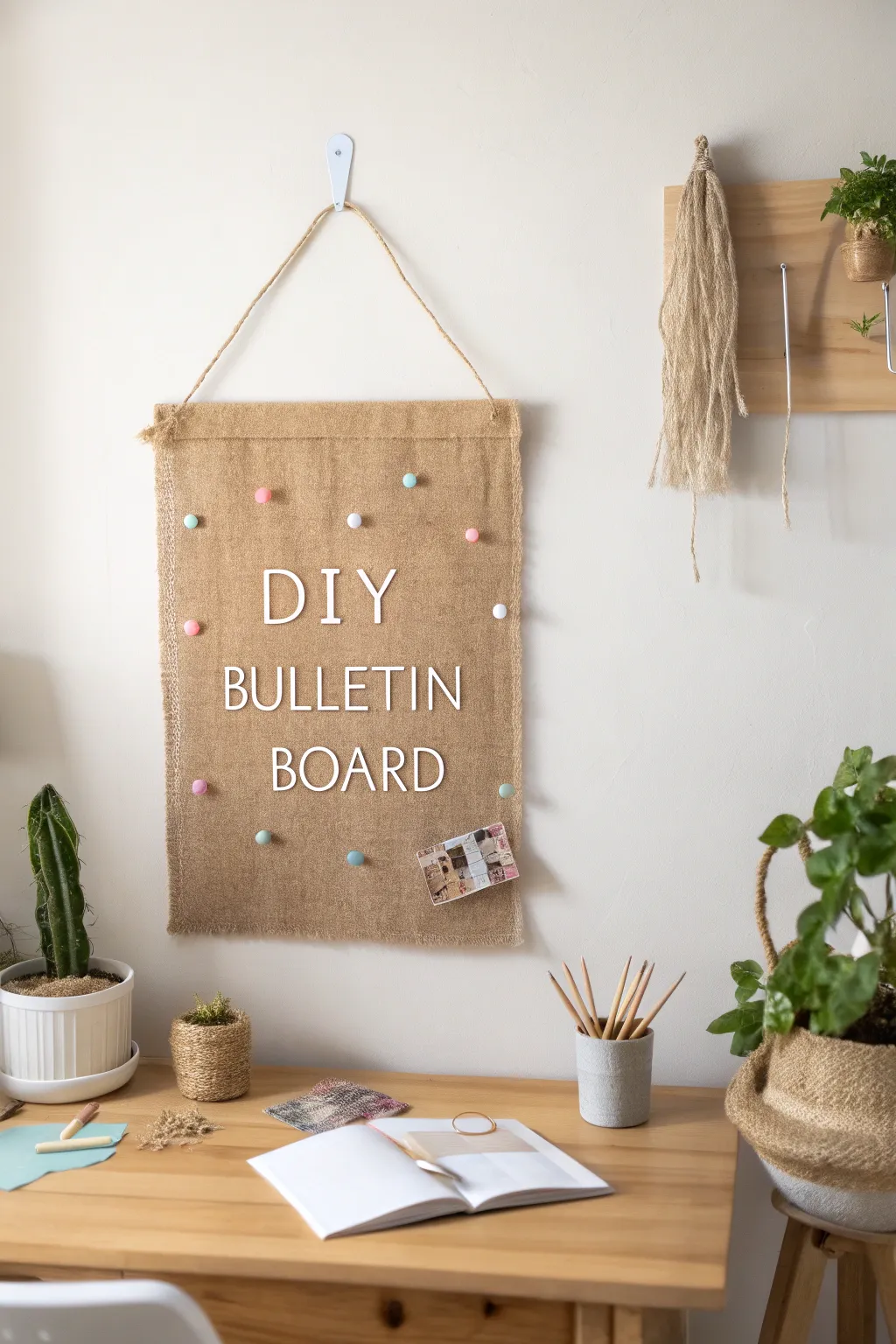 Elevate your workspace with a touch of rustic elegance: DIY burlap bulletin board magic! 🌿✨