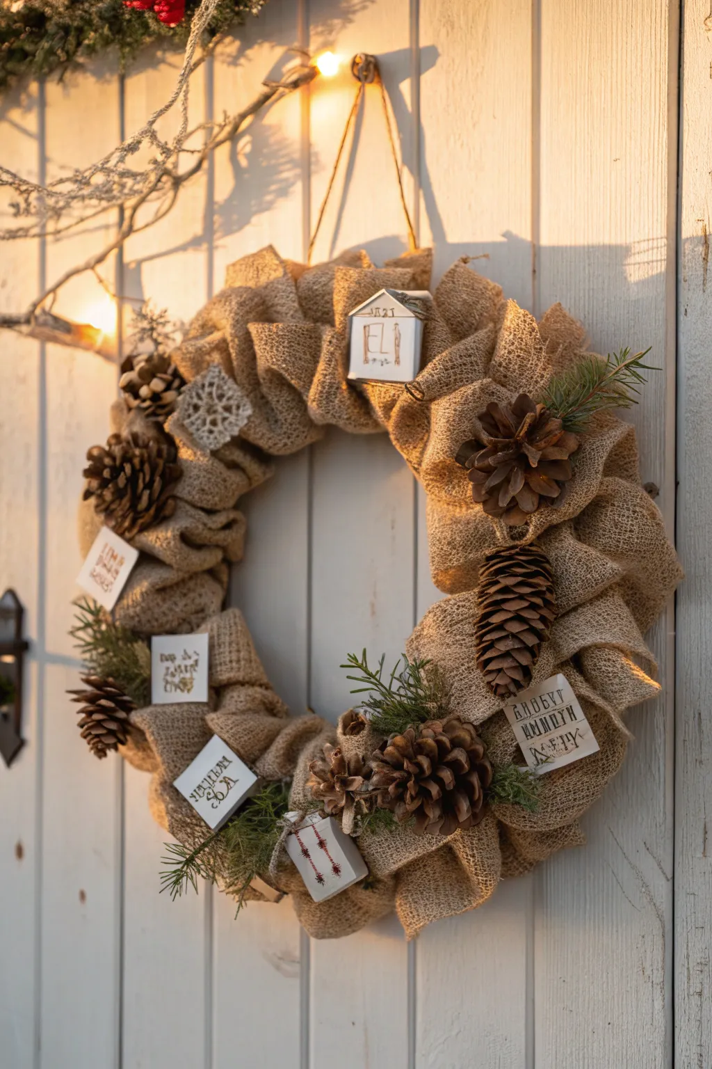 Embrace rustic charm with this farmhouse-inspired burlap wreath, a perfect blend of simplicity and natural beauty.