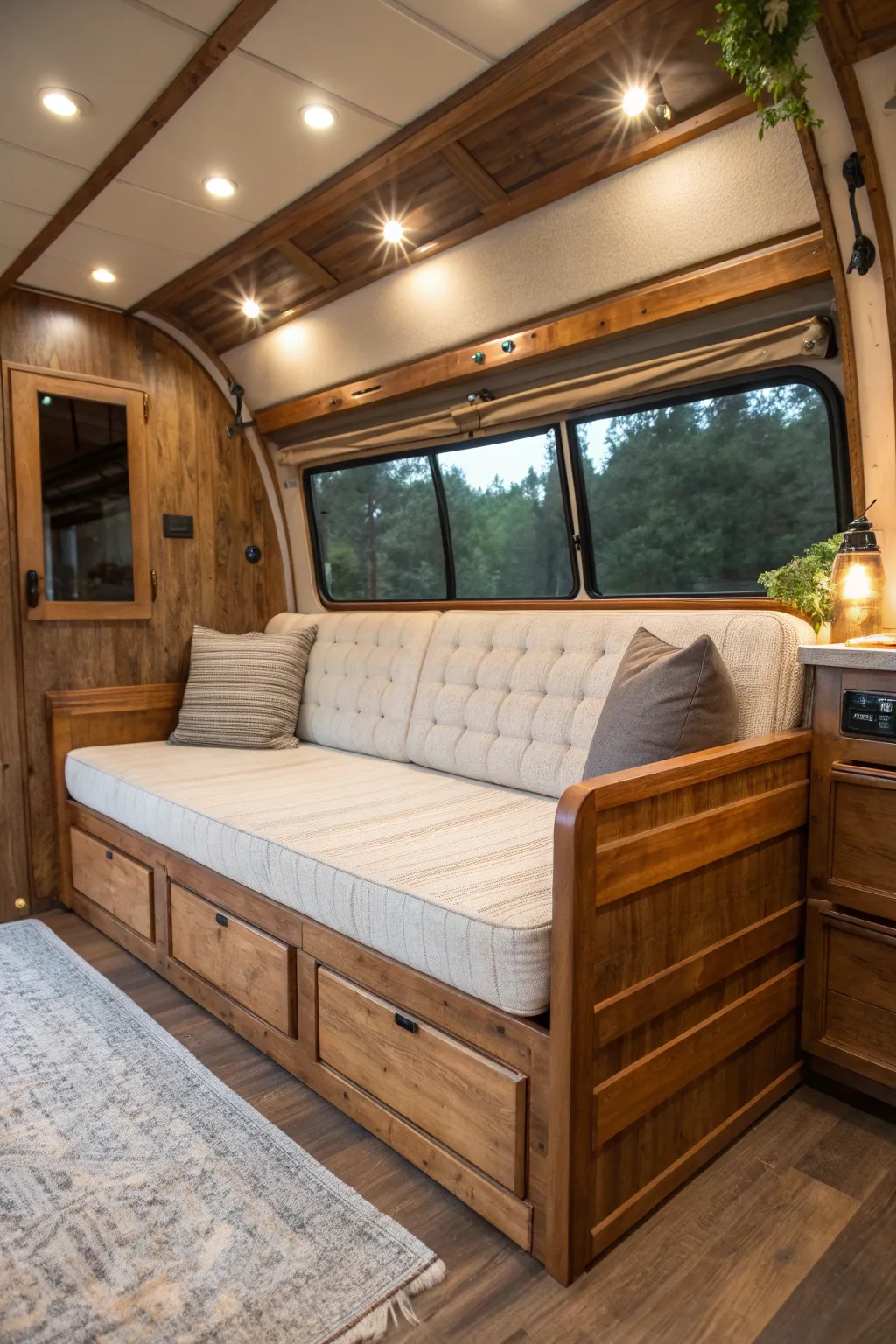 Transform your space with this elegant convertible sofa-bed, perfect for versatile and stylish living in a bus conversion.