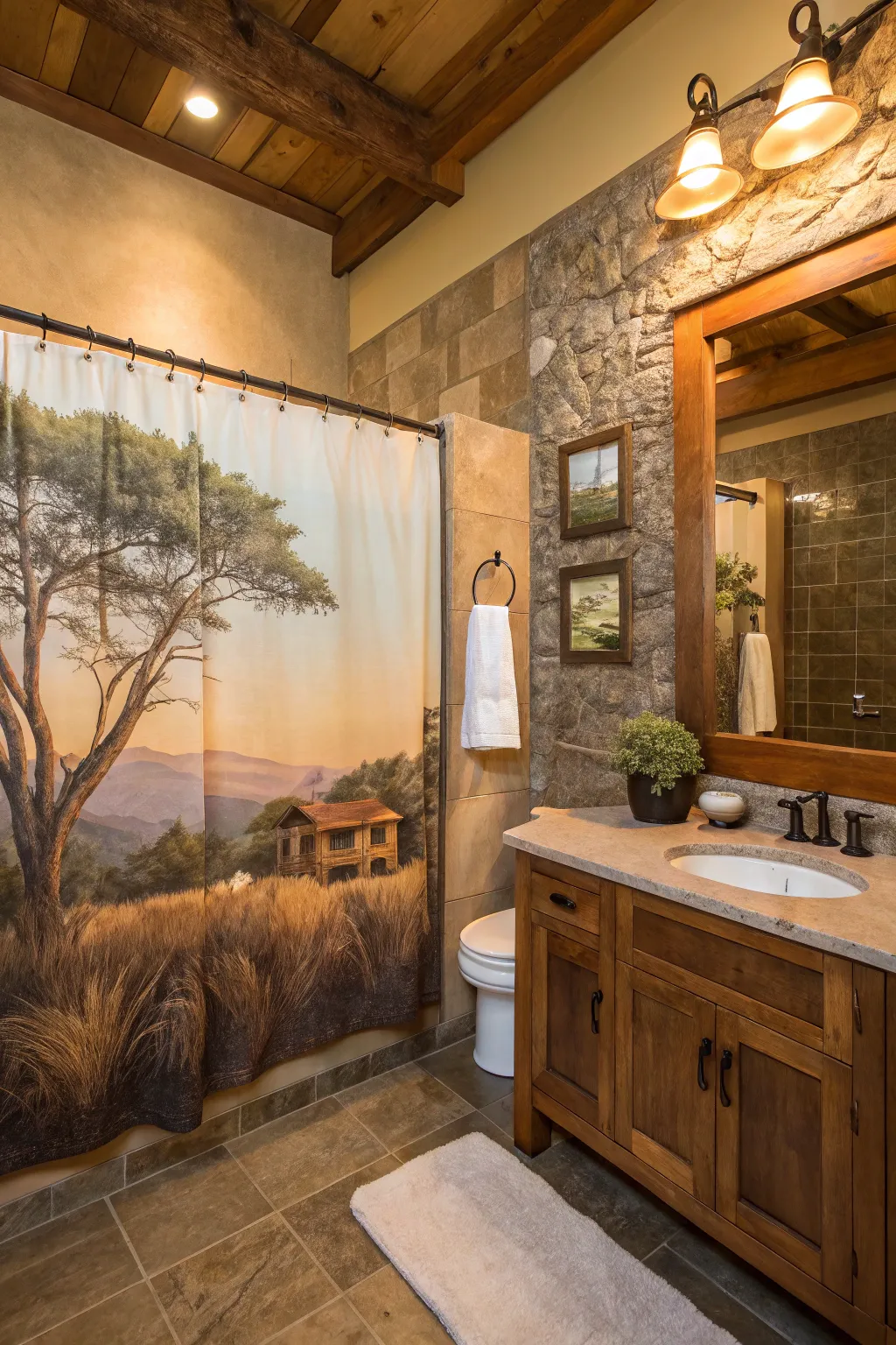 An artistic landscape print shower curtain for a sophisticated natural look.