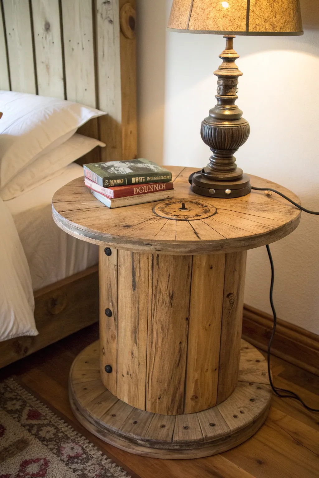 Transform your space with a rustic cable spool nightstand that combines function and artisan charm.