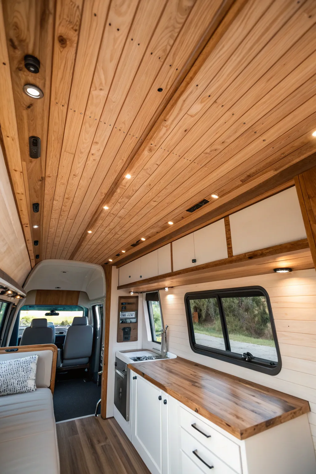 Embrace the open road with farmhouse charm—shiplap ceilings bring warmth and style to your campervan.