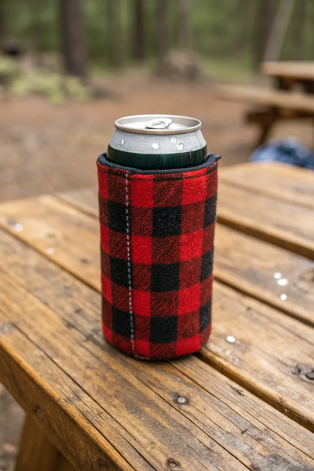 Embrace the classic comfort of plaid with this handcrafted camping koozie.