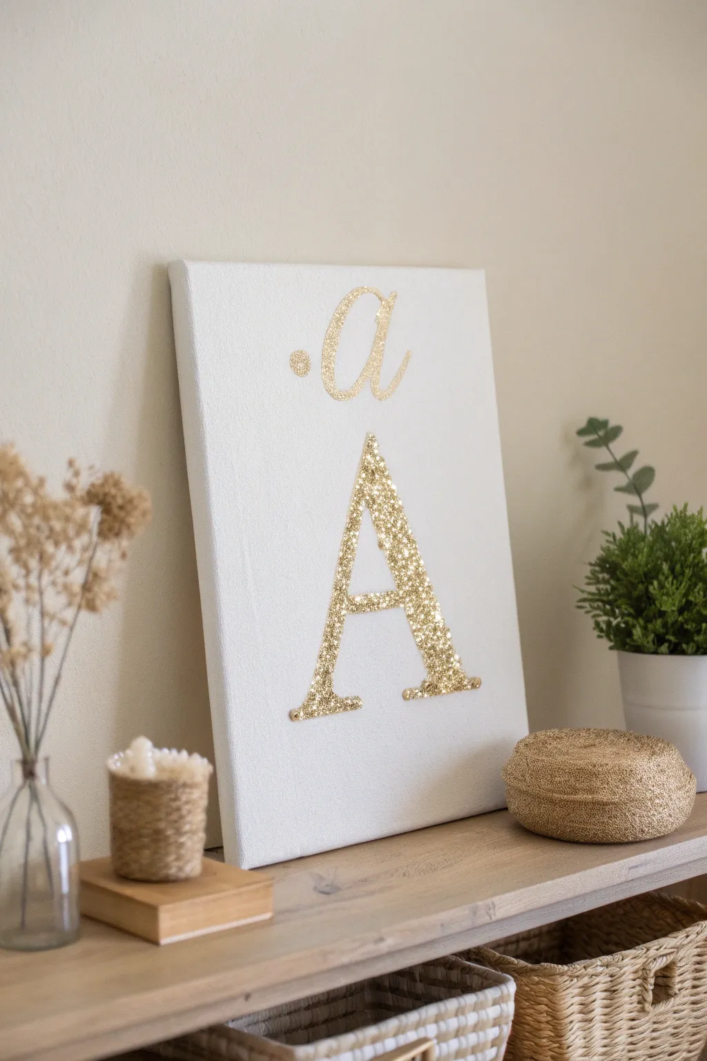 Add a touch of sparkle to your space with personalized glitter monogram art.