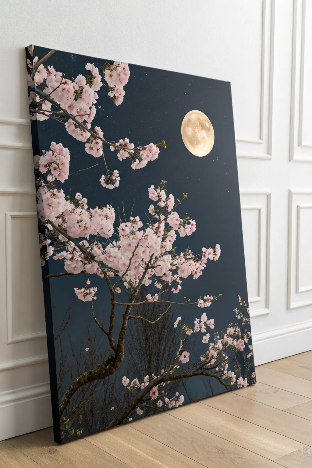 Embrace tranquility with a canvas of moonlit blossoms.