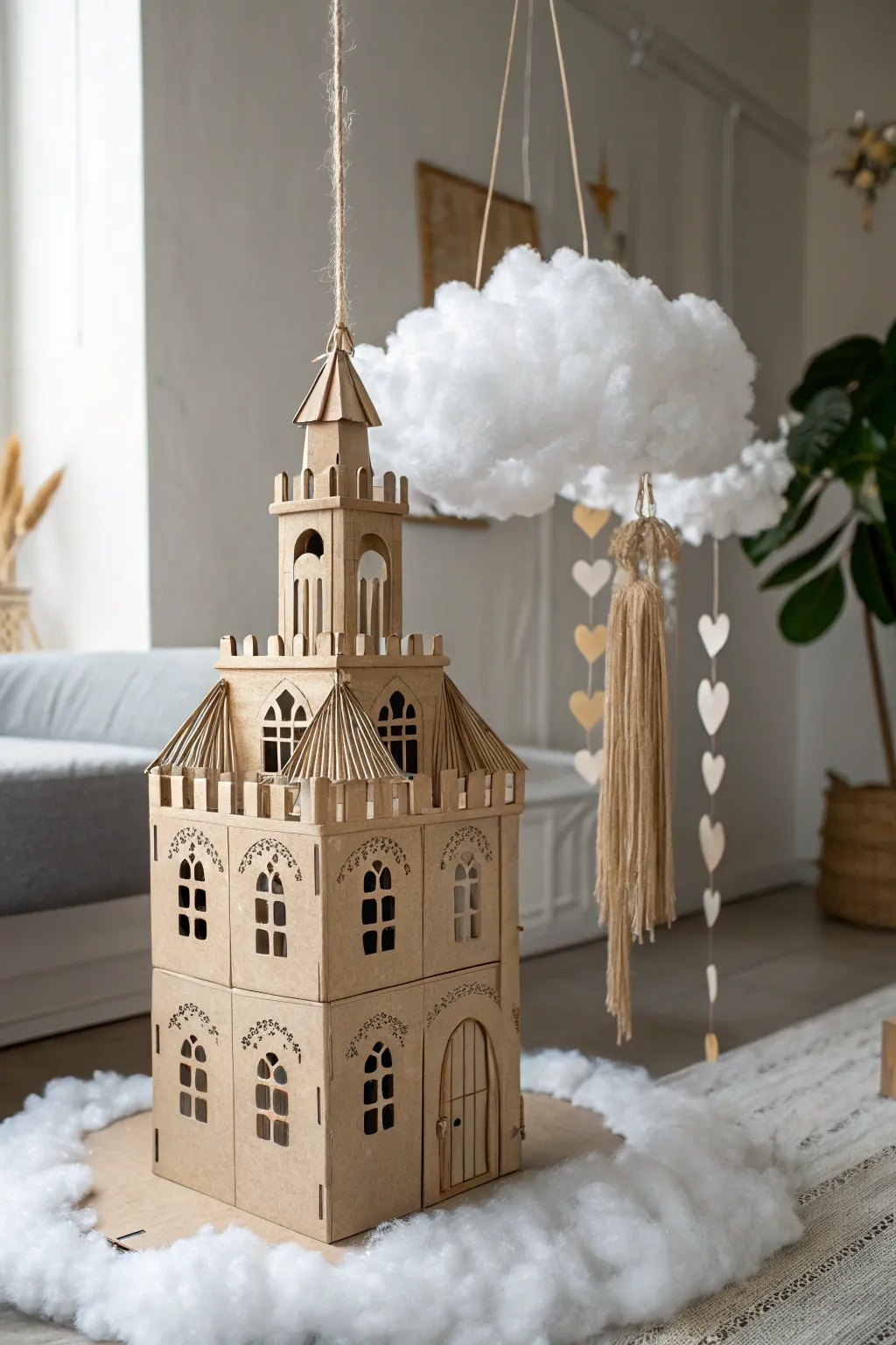 A whimsical cardboard castle suspended in the clouds – a dreamy addition to your minimalist haven.